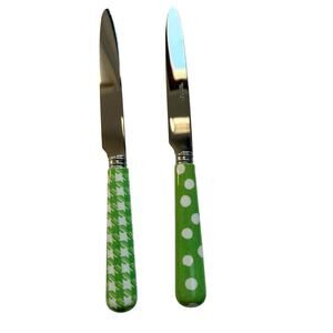 NEW Sabre Paris Breakfast Knife Set Garden Green Polka Dot & Gingham Set of 2